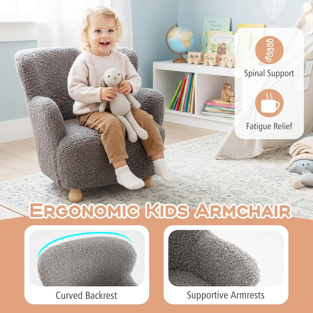 HONEY JOY Toddler Couch, Comfy Kids Chair w/Solid Wooden Frame & Sherpa Fabric, Upholstered Armchair Preschool Furniture, Baby Couch for Playroom, Kids Sofa for Girls Boys (Grey)