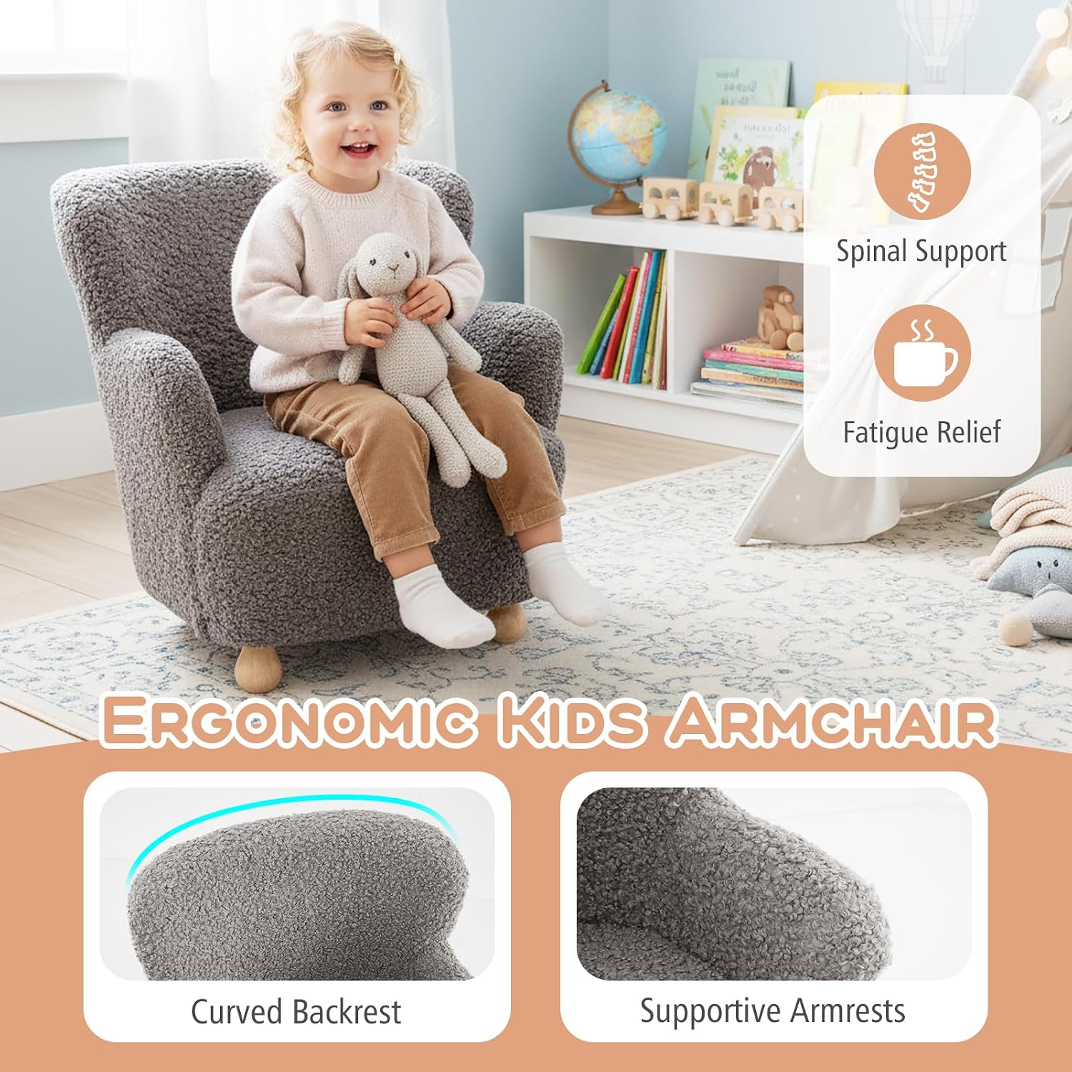 HONEY JOY Toddler Couch, Comfy Kids Chair w/Solid Wooden Frame & Sherpa Fabric, Upholstered Armchair Preschool Furniture, Baby Couch for Playroom, Kids Sofa for Girls Boys (Grey)