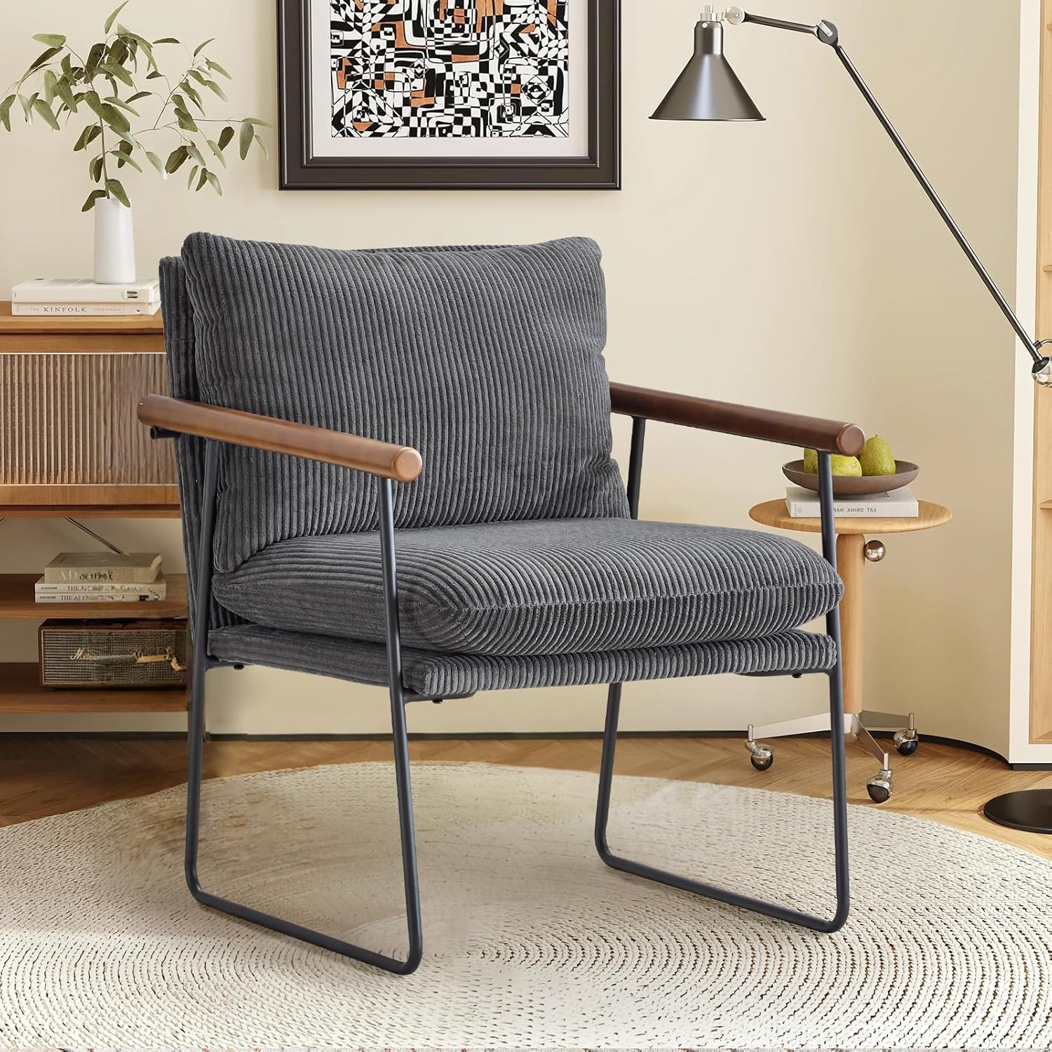 Furnilivng Large Sling Accent Chair, Comfortable Boucle Fabric Arm Chair, Upholstered Cozy Reading Chair for Living Room, Bedroom, Dressing Room, Home Office (Dark Gray, Set of 1)