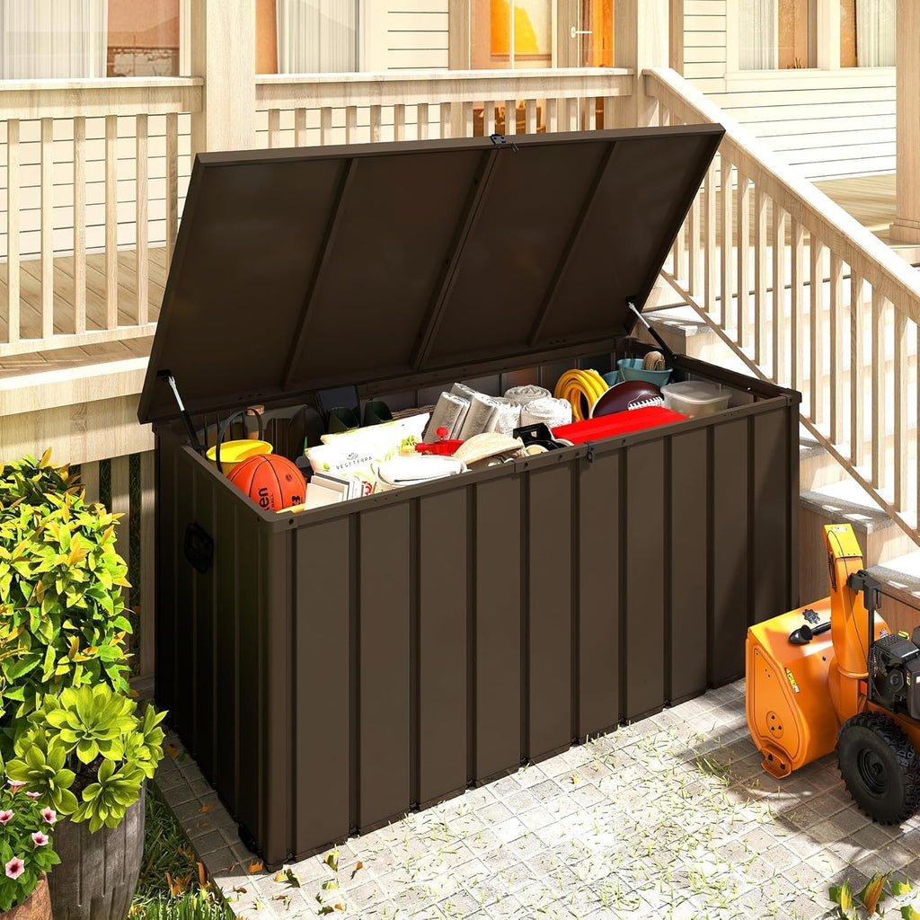 Steel & Plastic Outdoor Storage Box, Lockable Patio Storage Bench with Hydraulic Lid, Side Handles & Rolling Wheels for Backyard Garden Pool Tools and Furniture Accessories (Brown)