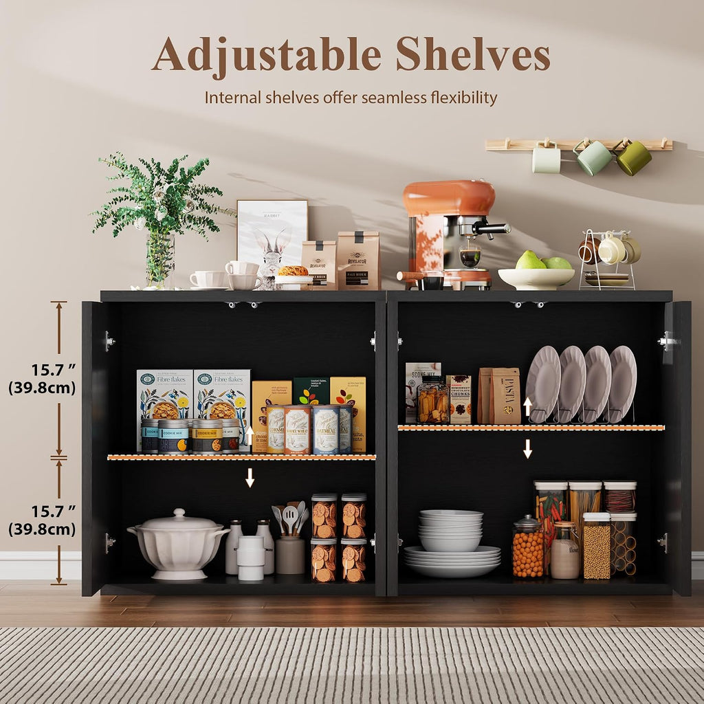 TAGELIER Fluted Buffet Cabinet with Storage, 31.5" Sideboard with Adjustable Shelves, Coffee Bar with Press-Spring Doors, Wooden Buffet Table for Kitchen, Entryway, Living Room, Black