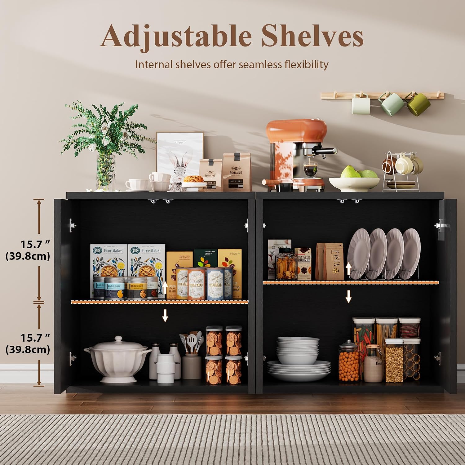 TAGELIER Fluted Buffet Cabinet with Storage, 31.5" Sideboard with Adjustable Shelves, Coffee Bar with Press-Spring Doors, Wooden Buffet Table for Kitchen, Entryway, Living Room, Black