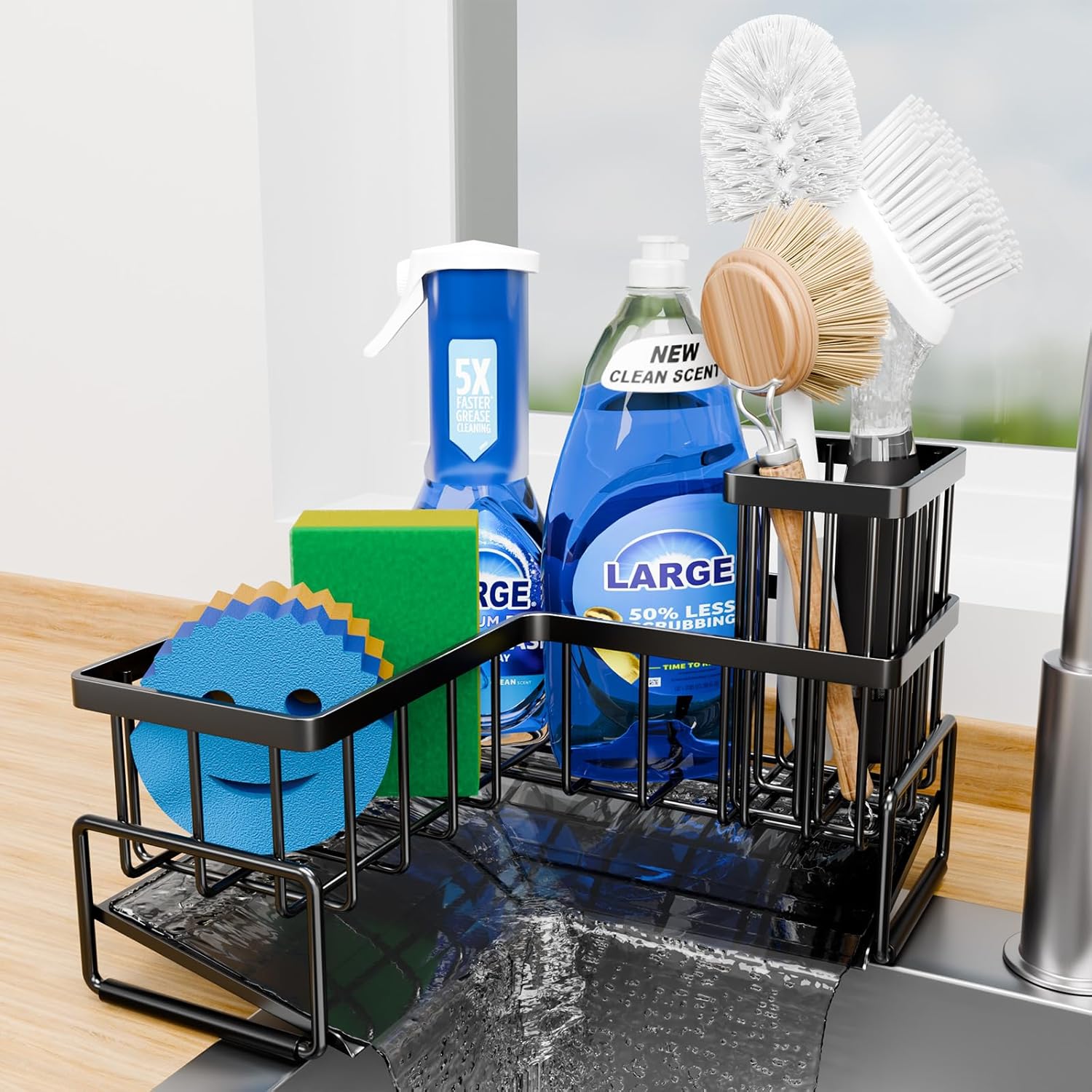 Fikoksol Large Sponge Holder for Kitchen Sink, 90-Degree Sink Caddy Organizer with Dish Brush Holder for Countertop Corner Storage Rack, Metal L-Shaped Kitchen Sink Sponge Soap Organizer Storage Ideas