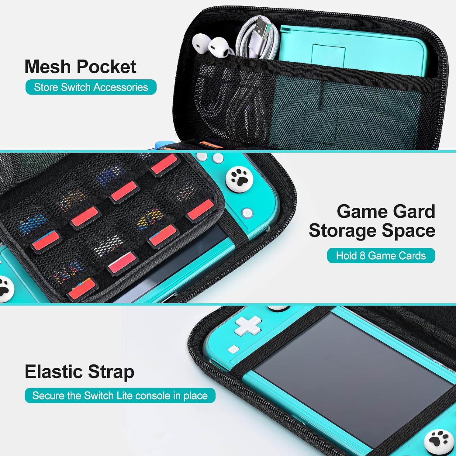 innoAura Switch Lite Case 12-in-1 Accessories Bundle for NS Switch Lite (2019), with Protective Carrying Case, Hand Strap, Screen Protector & Cute Thumb Grips, Black