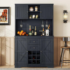 Farmhouse Kitchen Buffet Cabinet with Storage, Dark Blue Food Pantry Organizer with Wine Racks, Glass Shelves & Drawers for Dining Room