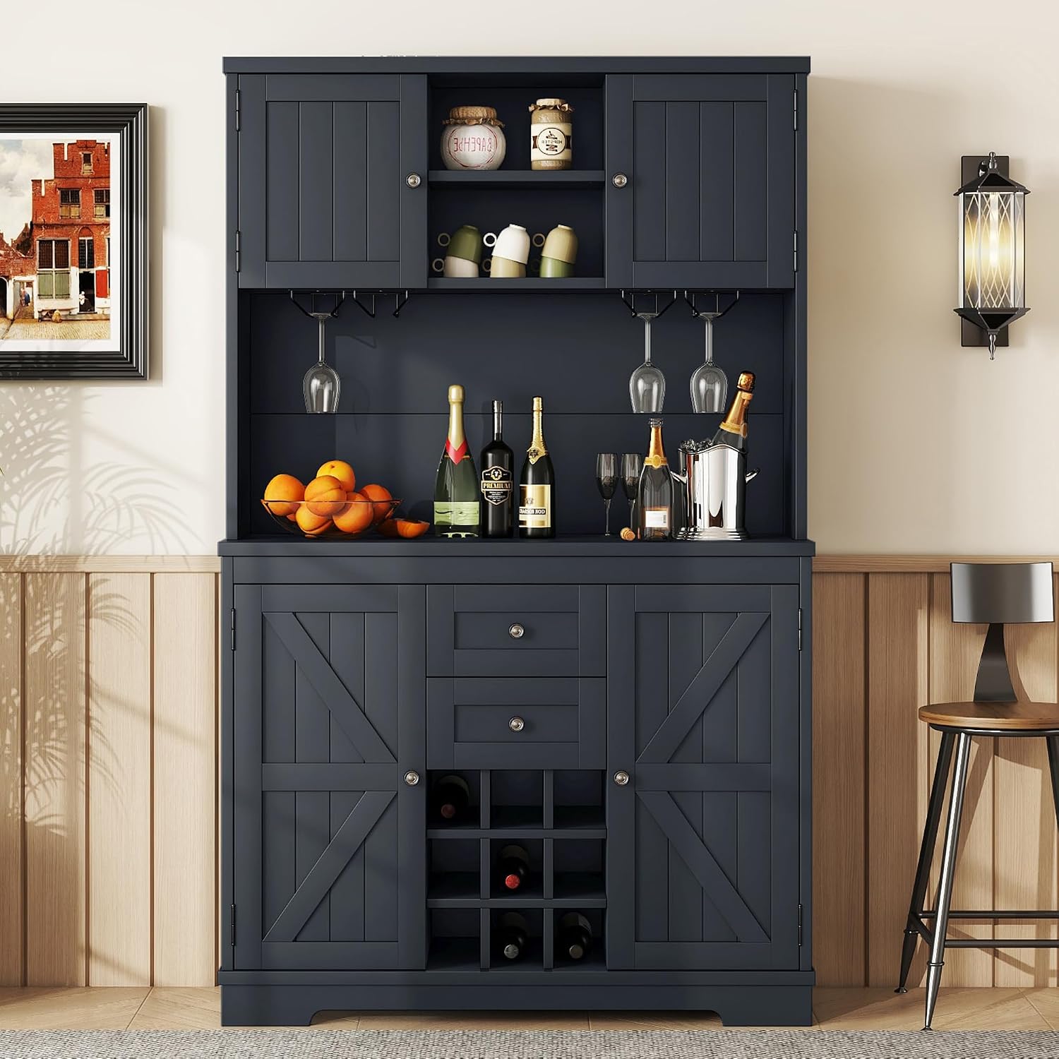 Farmhouse Kitchen Buffet Cabinet with Storage, Dark Blue Food Pantry Organizer with Wine Racks, Glass Shelves & Drawers for Dining Room