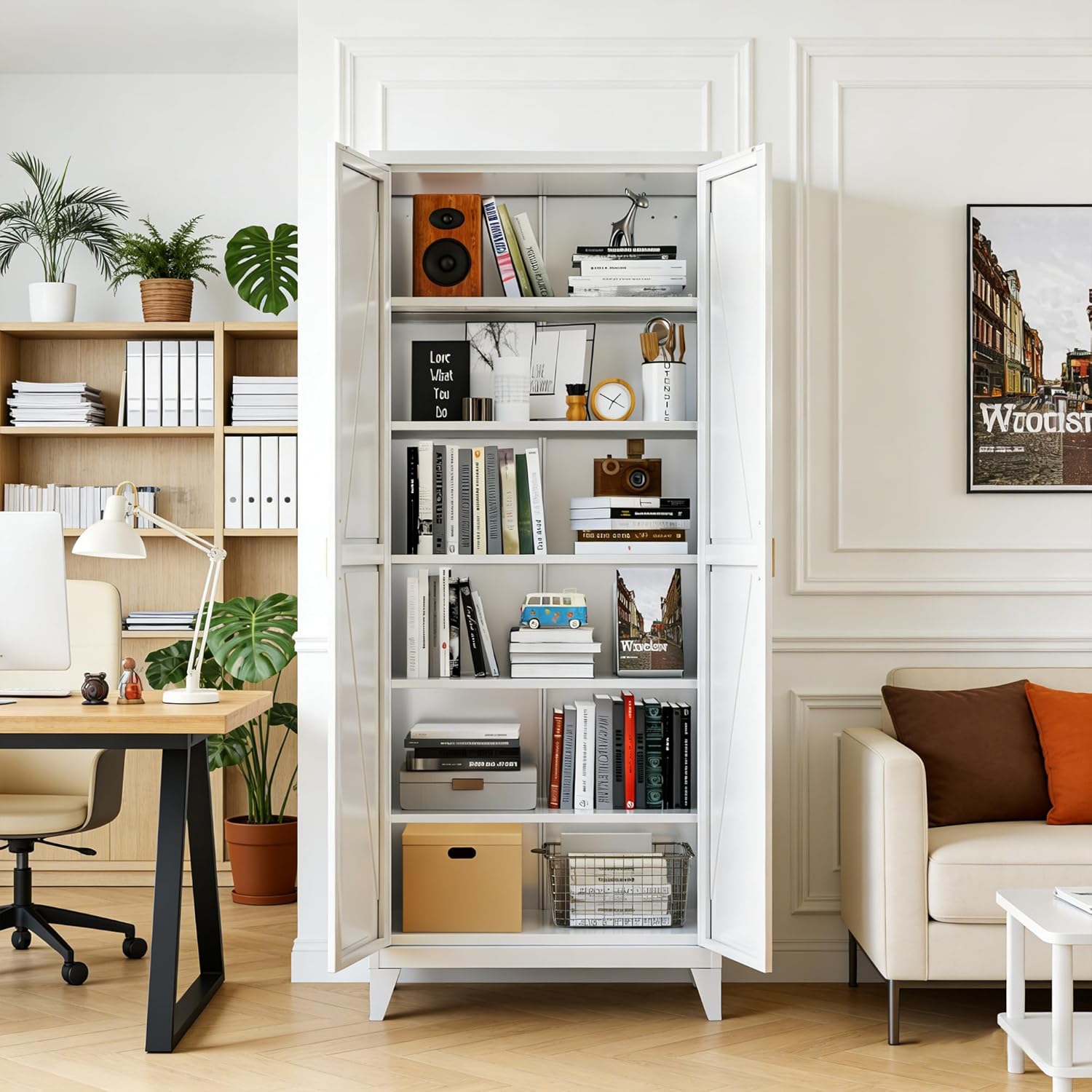 75.3" H Kitchen Pantry Cabinet with 5 Adjustable Shelves, Farmhouse Metal Pantry Cabinet with 2 Doors for Kitchen Home, Assembly Required,White