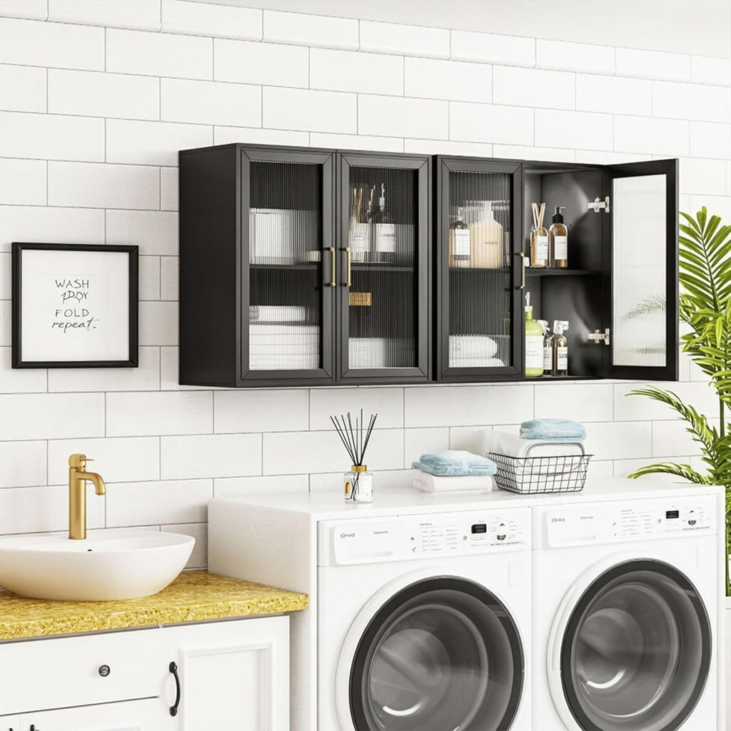 24”W Wall Cabinet with Acrylic Glass Doors Set of 2, Kitchen Wall Cabinets with Adjustable Shelf, Laundry Room Wall Mounted Cabinet, Bathroom Wall Cabinet with Light(Black)