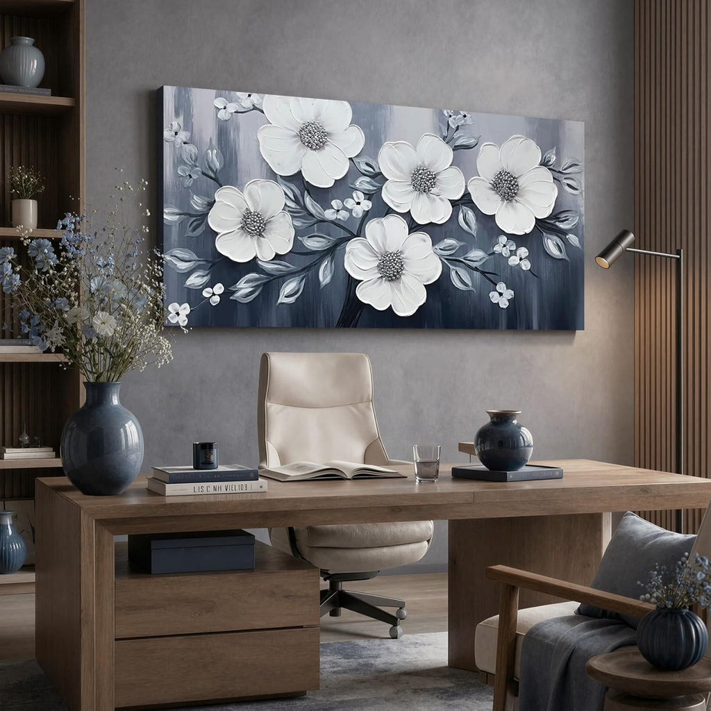 JuhaiArt Flower Wall Art White Wall Decorations Gray Picture Art Large 3D Floral Hand Painted for Bedroom Living Room Office 29" x 59"