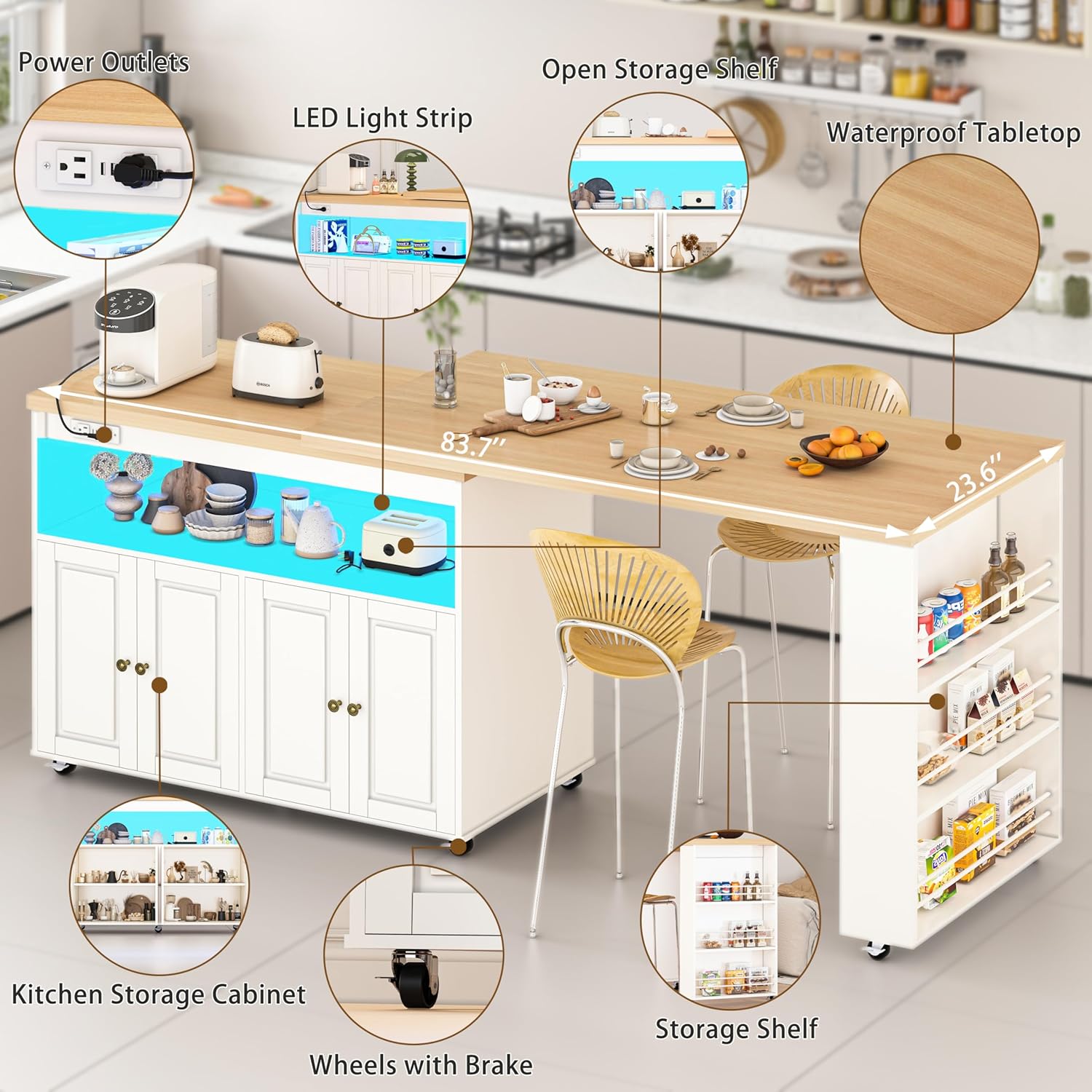 84’’ Rolling Kitchen Island with Swivel Table, Kitchen Cart with LED Lights, Power Outlet, Movable Storage Cabinet with Side Tabletop on Wheels, for Kitchen, Living Room, Home Bar, White