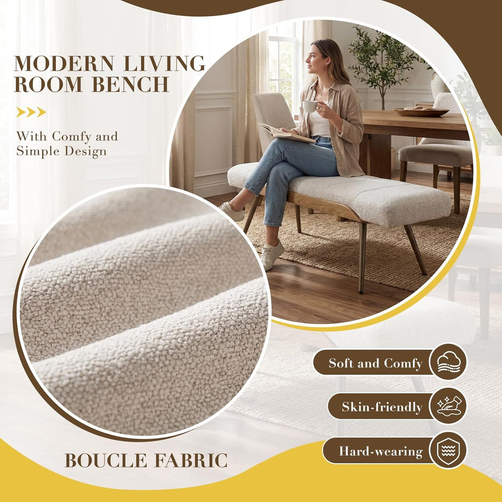 EALSON Modern Ottoman Bench, Upholstered Boucle Fabric Entryway Bench with Metal Legs, 49.5” Cozy Dining Bench for Bedroom Living Room, Beige