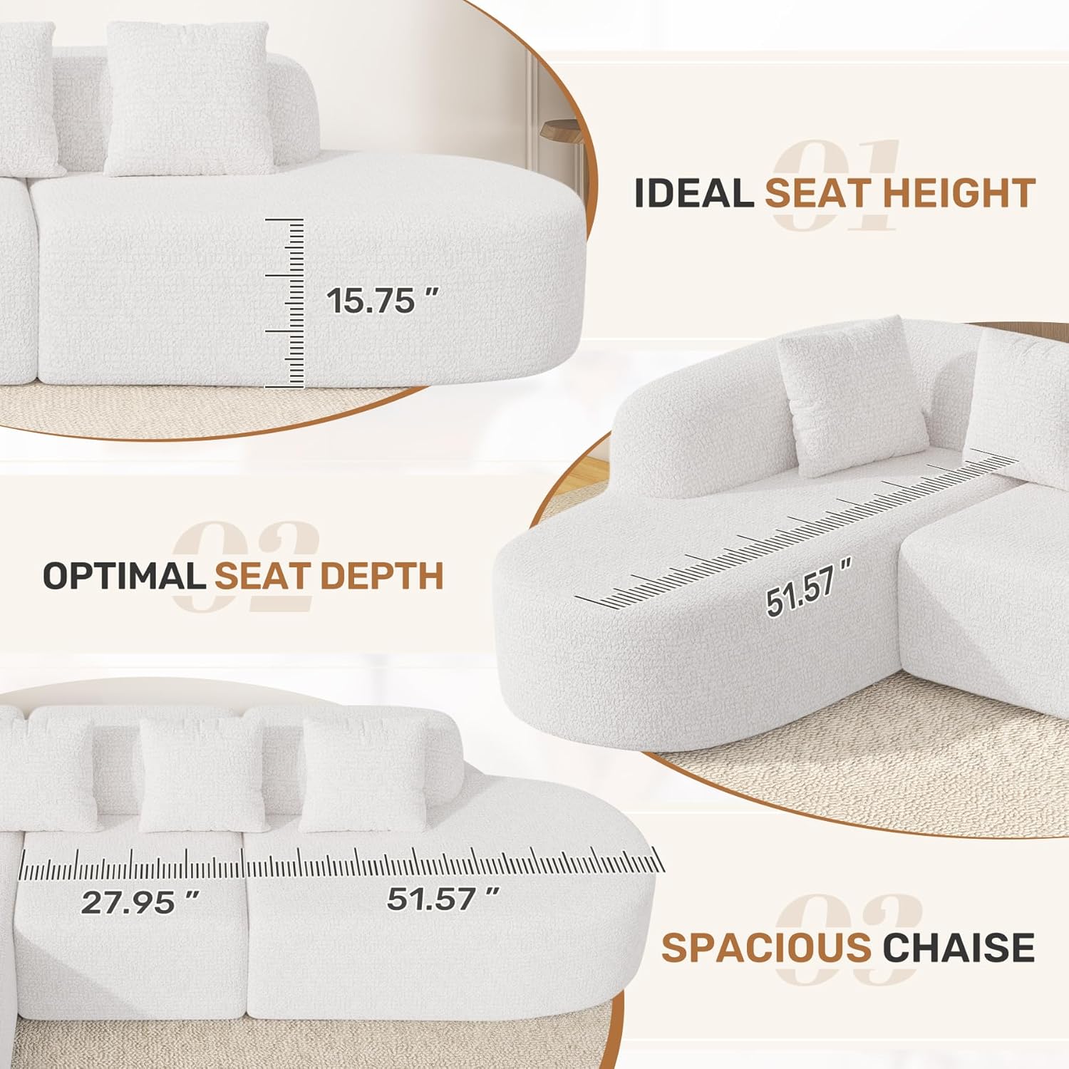 114 Inch Boneless Couches for Living Room,Modern Modular Sectional Sofa with Chaise,L-Shape Cloud Sectional Couch,No Assembly Required,Beige
