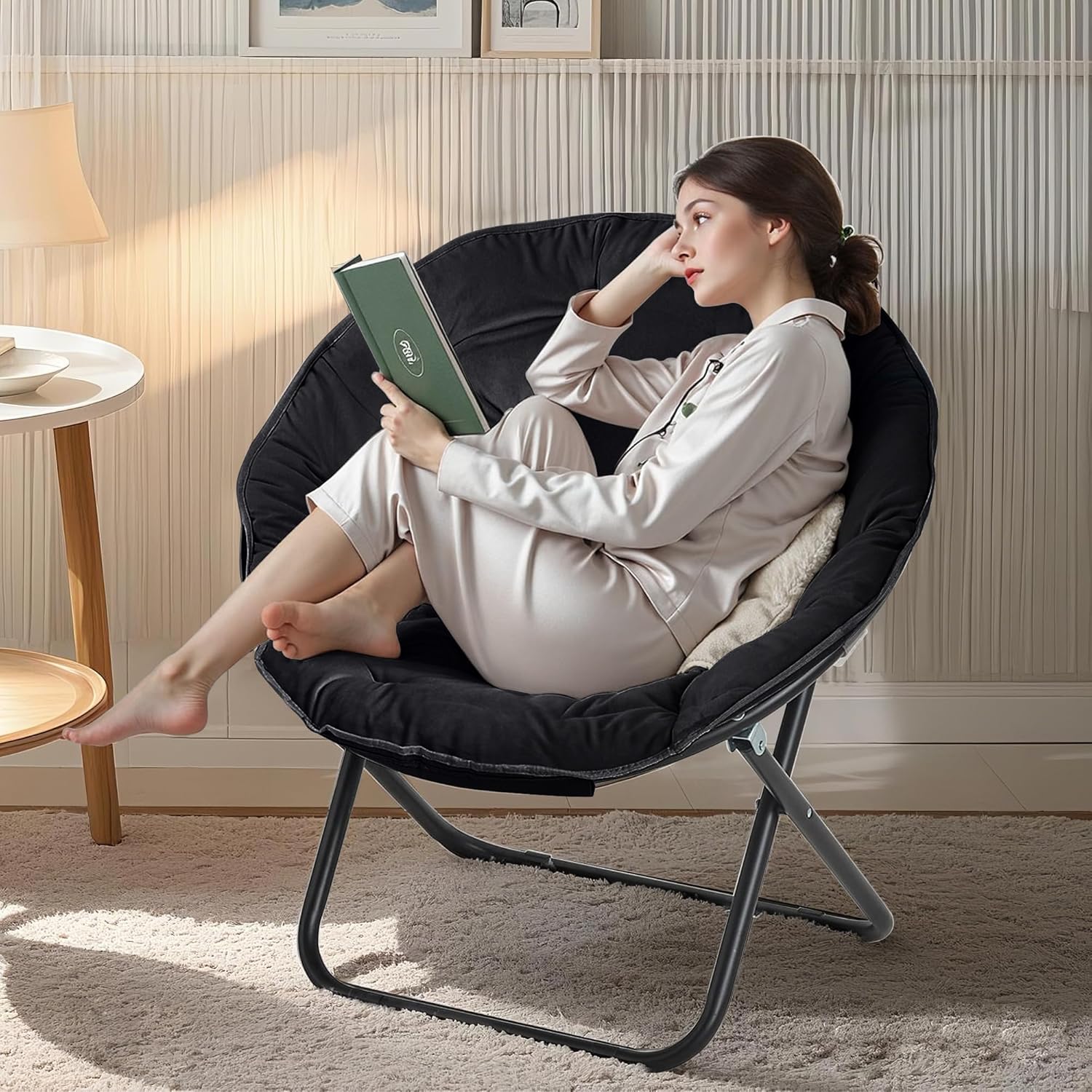 VECELO Saucer Chair for Adults, Folding Moon Chair with Metal Frame, Faux Fur for Bedroom, Living Room, Dorm Room, Apartment, Black