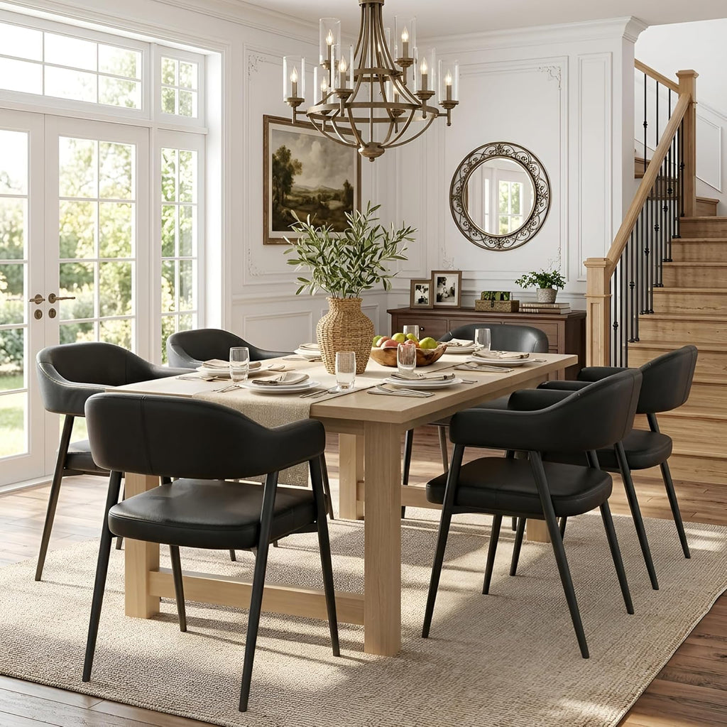 HNY Modern Dining Room Arm Chairs Set of 6, Retro Faux Leather Upholstered Barrel Dining Chairs with Arms Mid-Century Black Accent Chair with Metal Legs, Open-Back Kitchen Side Chair for Living Room