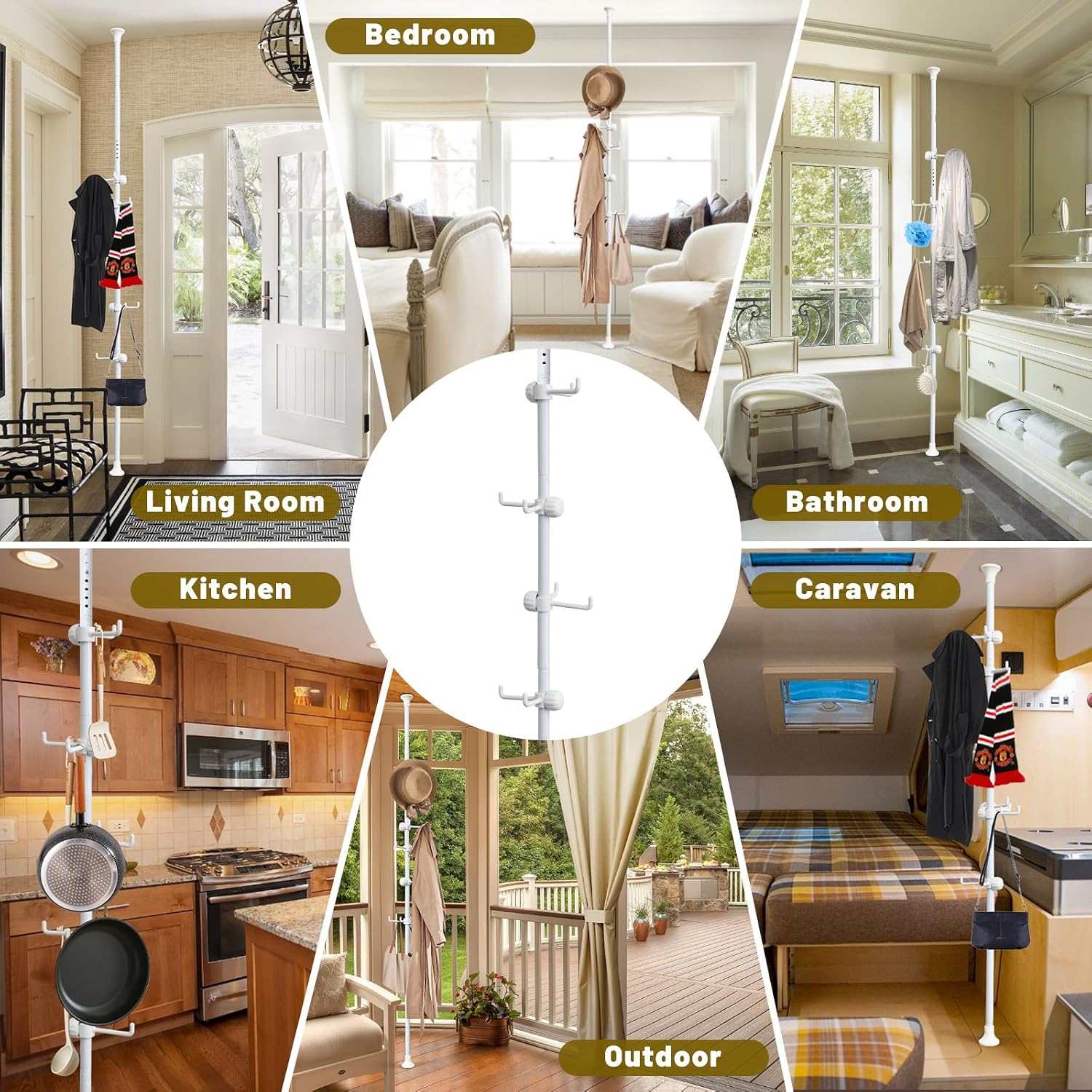 Coat Rack Freestanding,Adjustable 56-125 inch Tension Rod Tree 12 Hooks Hanger Stand for Coat Hat Bedroom Livingroom Kitchen Bathroom Apartment Entryway Hall Office white
