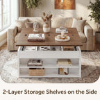 Lift Top Coffee Table Set with Storage Bench, 4-in-1 Convert Gaming/Reading/Dining Table, 40'' Multi-Function Coffe Tables with Hidden Compartment & Open Shelves, for Living Room, White Brown