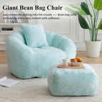 Bean Bag Chair for Adults, Faux Fur Upholstered Beanbag Chair with Shell-Shaped Design, Comfy Bean Bag Sofa with Pillow and Footstool, Floor Sofa Chair for Bedroom (Light Blue)