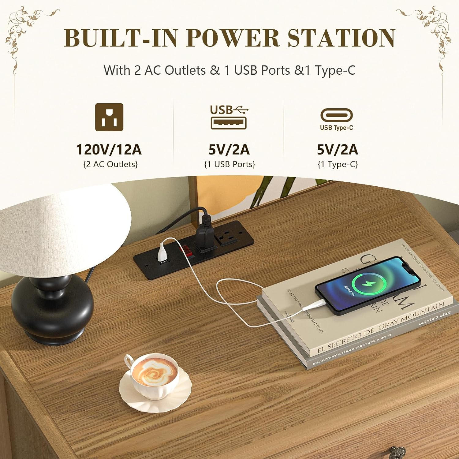 IKENO Solid Wood Nightstand Set of 2，Bed Side Table with Charging Station, Farmhouse Night Stand with 3 Storage Drawers for Bedroom, 27.6" W x 16.8" D x 26.8" H, Teak