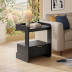 Nightstands Set of 2, Fluted Bedside Tables with Amber Glass Top | Hidden Drawer Storage, Open Display Shelf, Rounded Corner Design, Easy Assembly, Bedroom, Apartment, Guest Room Use