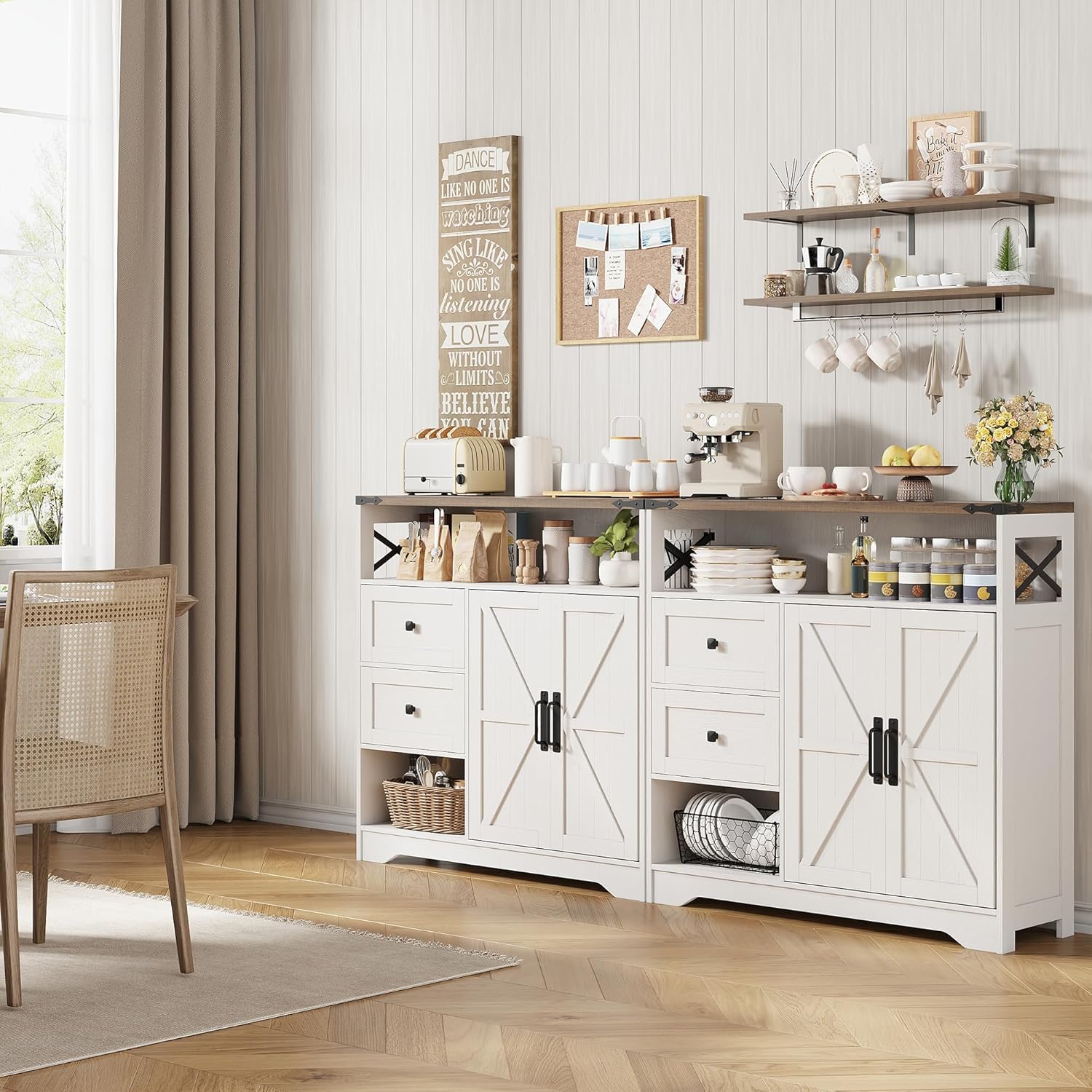 Vabches Farmhouse Buffet Sideboard Cabinet with Drawers and Open Shelf, 38.5" Storage Cabinet with Adjustable Shelves and Door, Modern Coffee Bar Hutch Pantry for Kitchen, Living Room, Entryway, White