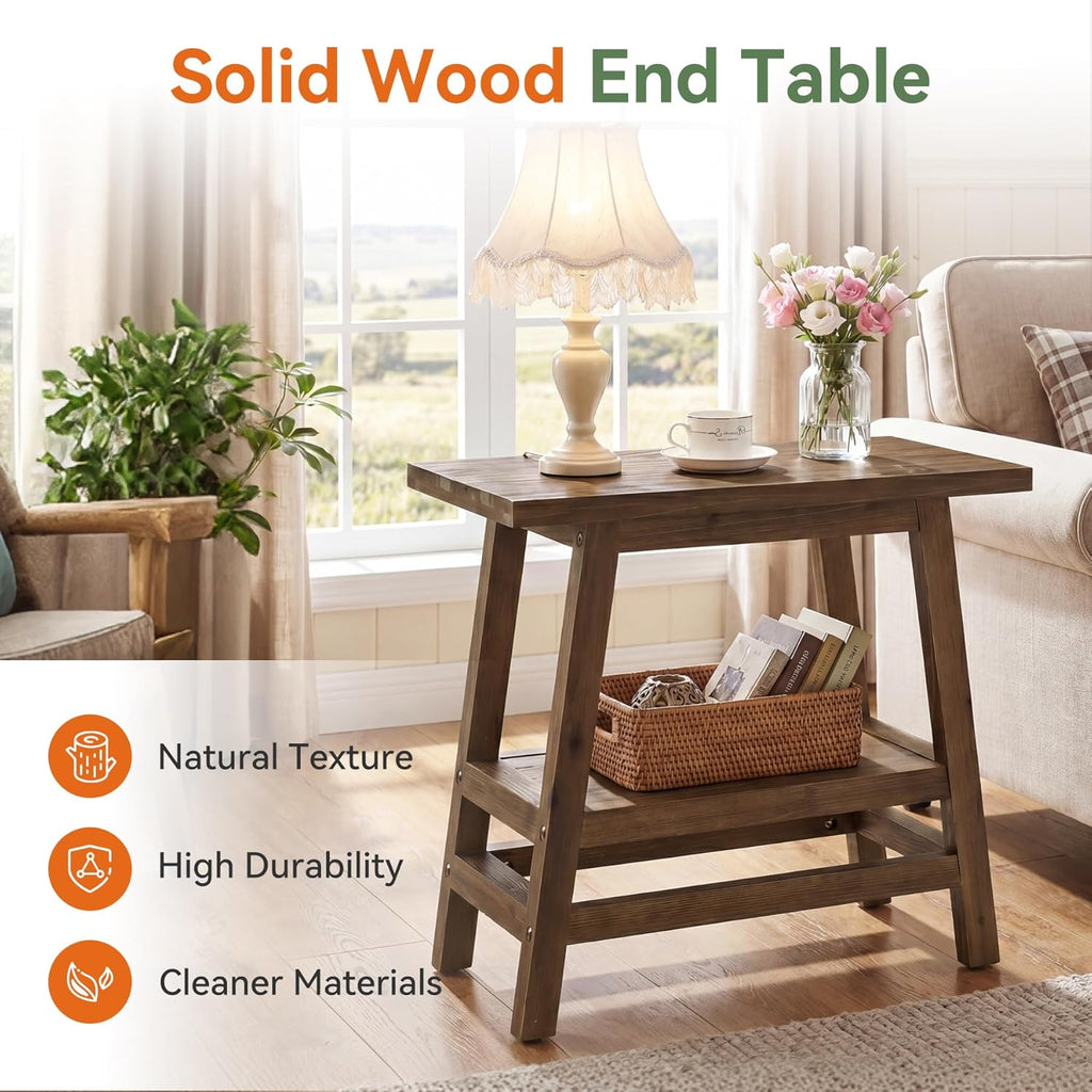 Solid Wood End Table, 2-Tier Small Side Table with Stable A-Frame, Farmhouse Narrow Nightstand, Rectangular Slim Accent Bedside Furniture for Small Spaces, Living Room, Bedroom