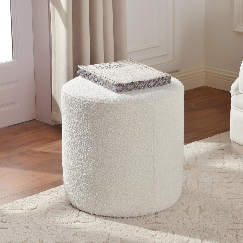 KINWELL Modern Round Boucle Upholstered Ottoman Set of 2, Multi-Functional Sofa Footrest, Side Table, Extra Seating for Living Room, Bedroom, Entryway (Cream White, 18" Dx 18" W x 18.3" H)