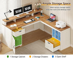 YOMILUVE Farmhouse 63" L Shaped Desk with Drawers and Storage Shelf, Home Office Desk with Power Outlets, Storage Cabinet, Corner Computer Desk with Long Monitor Stand, Brown and White
