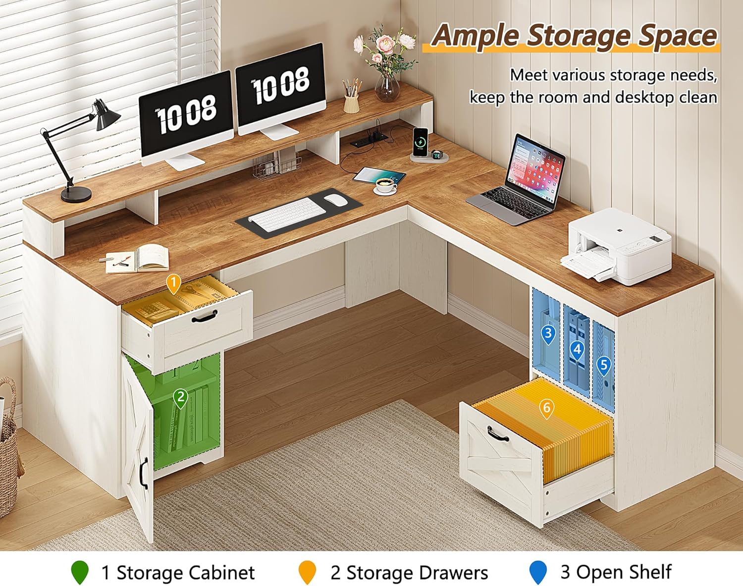 YOMILUVE Farmhouse 63" L Shaped Desk with Drawers and Storage Shelf, Home Office Desk with Power Outlets, Storage Cabinet, Corner Computer Desk with Long Monitor Stand, Brown and White