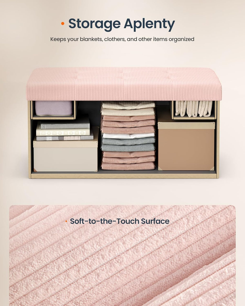 SONGMICS Home Ottoman with Storage, Removable Lid, Folding Storage Chest, Easy Assembly, for Entryway, Bedroom, Living Room, 15.2 x 30.2 x 15.2 Inches, Corduroy, Light Pink