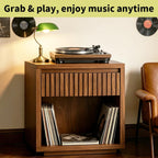Record Player Stand, Vinyl Record Player Stand Holds Up to 170 Albums with Drawer and Storage Shelf, Turntable Stand for Living Room, Walnut
