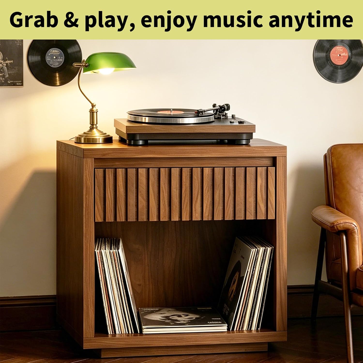 Record Player Stand, Vinyl Record Player Stand Holds Up to 170 Albums with Drawer and Storage Shelf, Turntable Stand for Living Room, Walnut