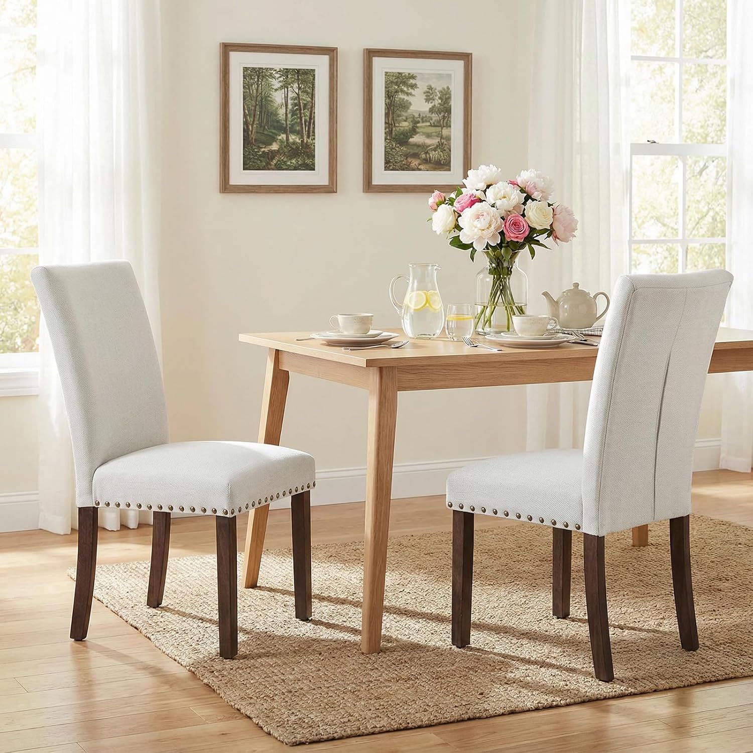 Furniliving Upholstered Dining Chairs Set of 2 - Line Fabric Modern Farmhouse Kitchen Chairs, High-Back Dining Room Chairs with Wooden Legs for Kitchen Dining Room Living Room, Beige