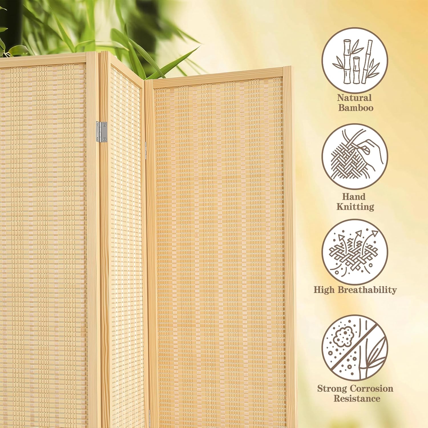 4 Panel Room Divider and Extra Wide Folding Privacy Screen, 63" W x 67" H, Bamboo Room Divider for Room Separation