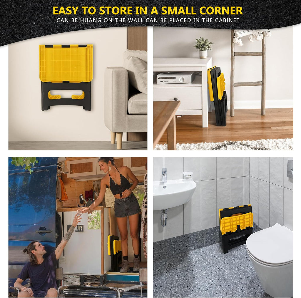 2 Step Folding Stool 250 lb Capacity Non Slip Foldable Step Stool 8 and 17 Inch Heavy Duty Portable Foot Stool for Kitchen Bathroom RV Yellow