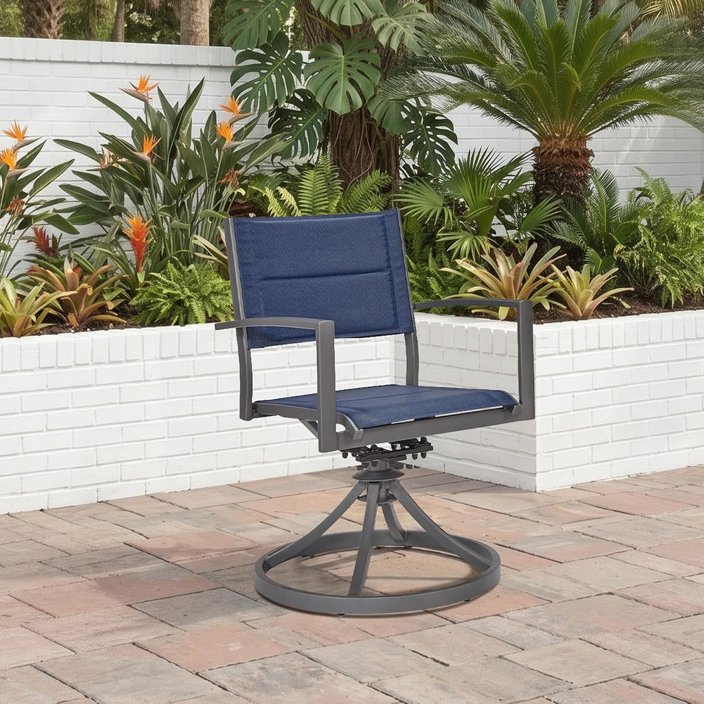 Signature Design By Ashley Point Bonita Swivel Outdoor Chair, 360-Degree Motion, Aluminum Frame with Padded Sling Seat for Patio Or Porch, All-Weather Gray/Blue, Set of 2