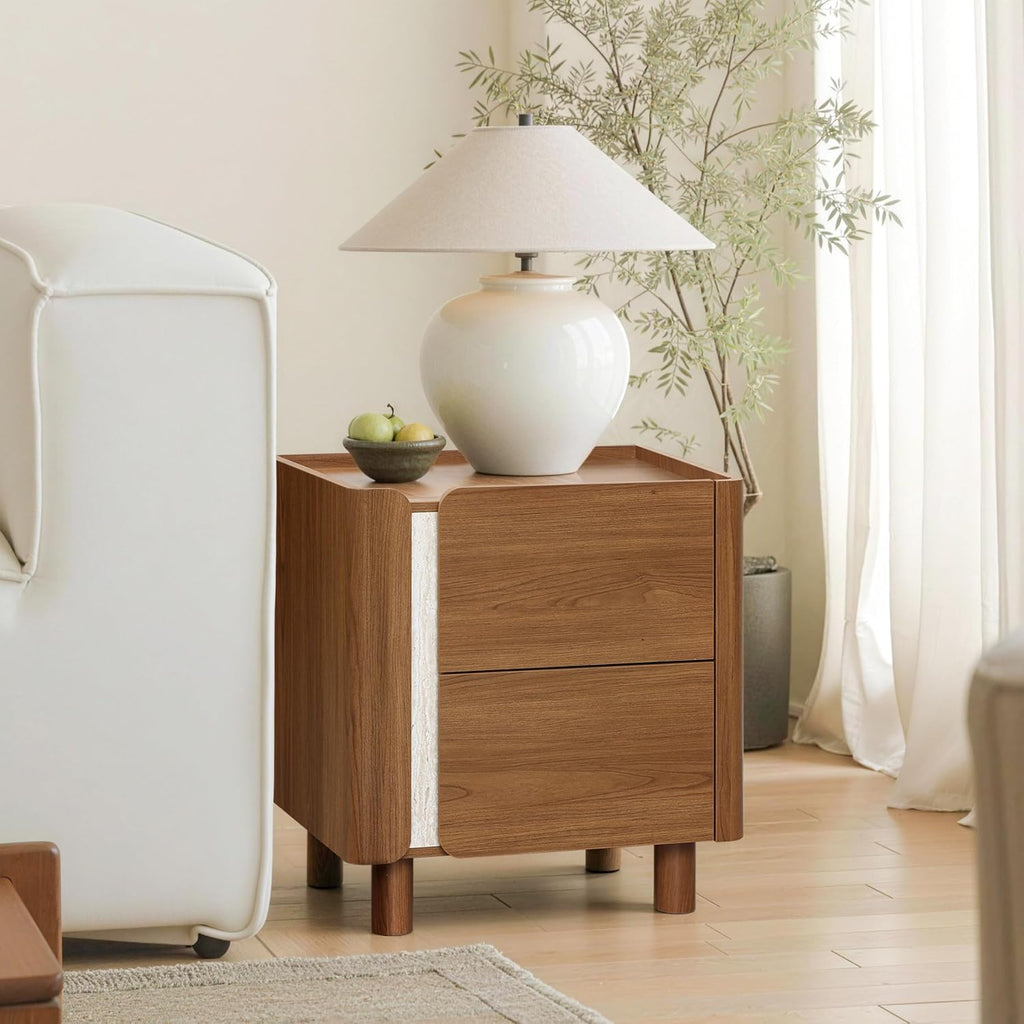 LuxenHome 21.6" Brown Nightstand with 2 Drawers, Mid Century Modern Night Stand for Bedroom, Wooden Bedside Table for Living Room
