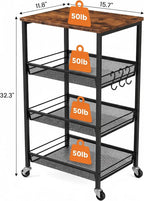 Homleke 4-Tier Rolling Kitchen Storage Cart, Utility Cart with Wooden Tabletop & Metal Baskets, Fruit Vegetable Basket for Kitchen, 3-S Hooks, Rustic Brown and Black