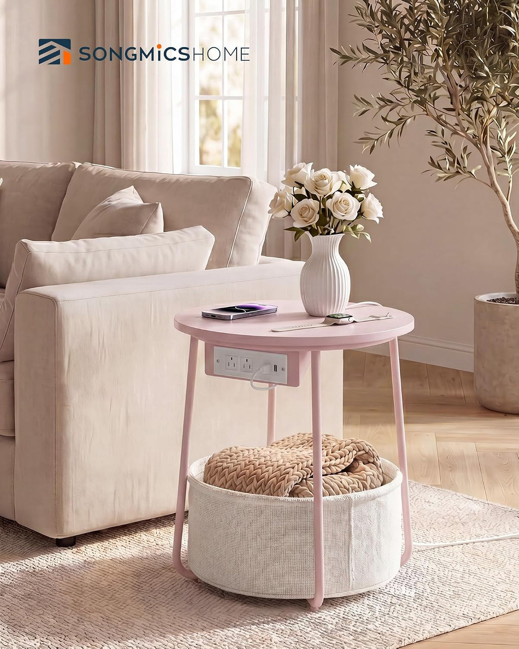 SONGMIC HOME Round Side End Table, Nightstand with Charging Station and Fabric Basket, for Living Room, Pink and White