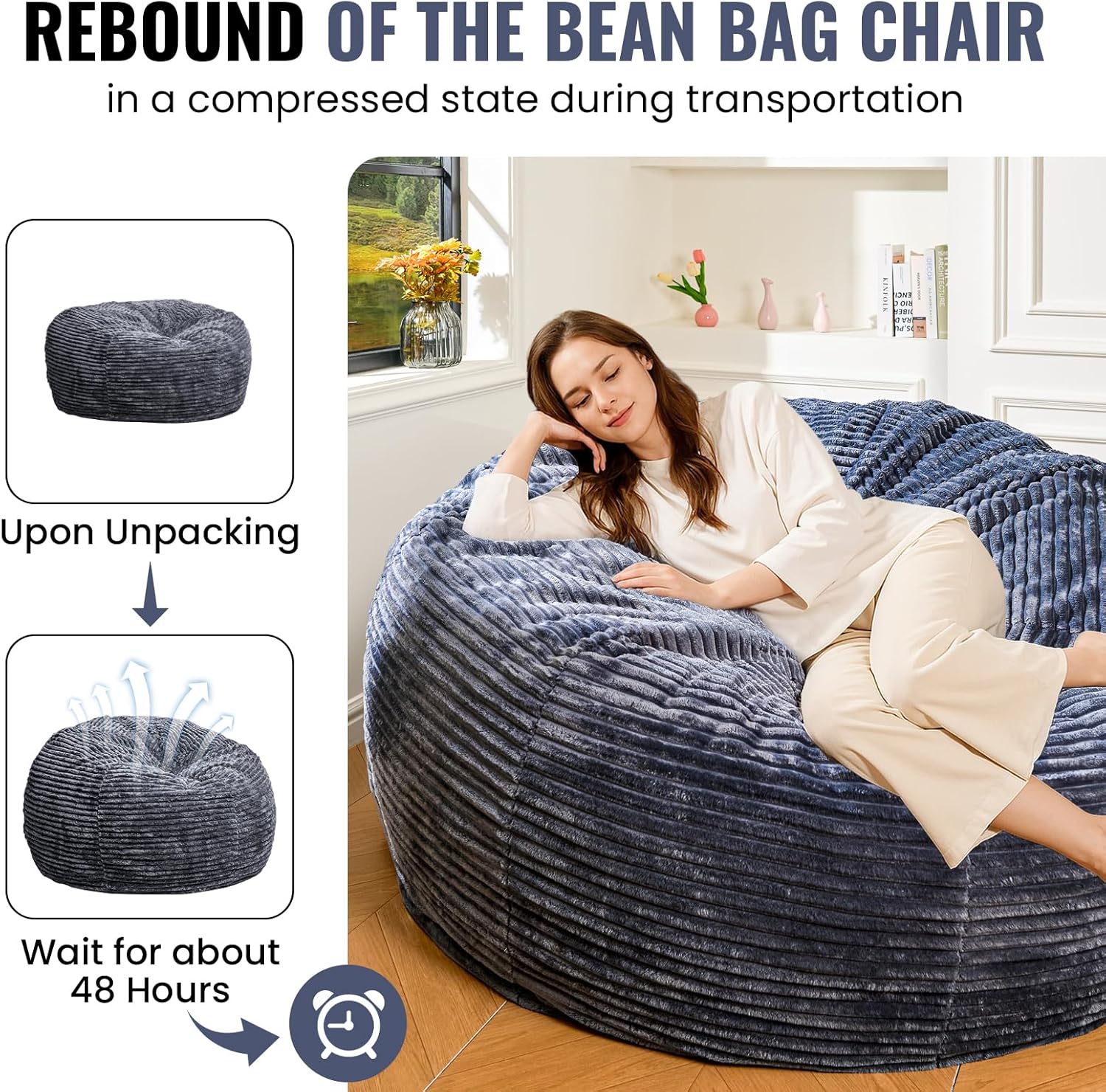 5FT Bean Bag Chair, Giant Bean Bag Chairs with Memory Foam Filled, Bean Bag Chairs for Adults with Corduroy Cover, Ultra Soft Lazy Sofa for Living Room Bedroom (Grey)