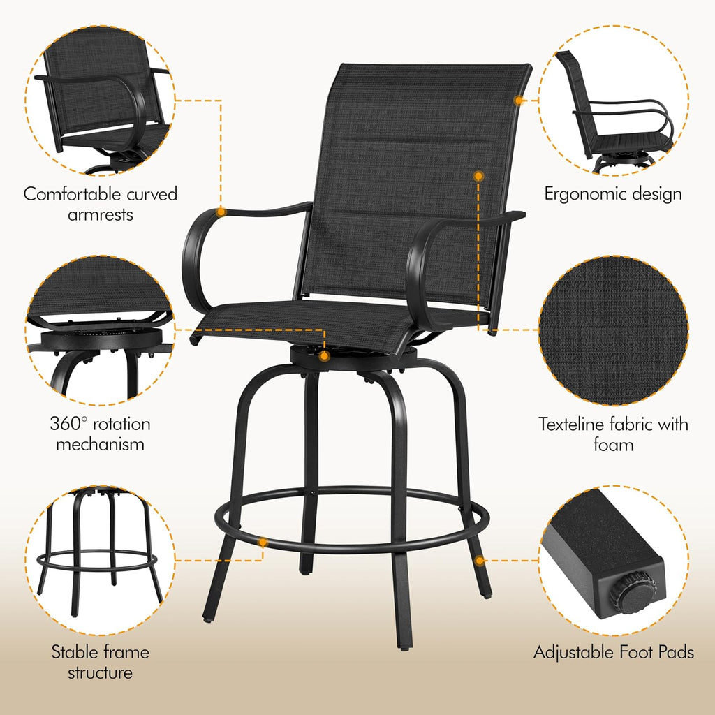 Yaheetech 2 Piece Patio Swivel Bar Stools Texteline Bistro Chairs with High Back/Armrest/Footrest, All Weather Padded Seating Outdoor Furniture Height Outdoor Chairs for Outside, Lawn & Garden