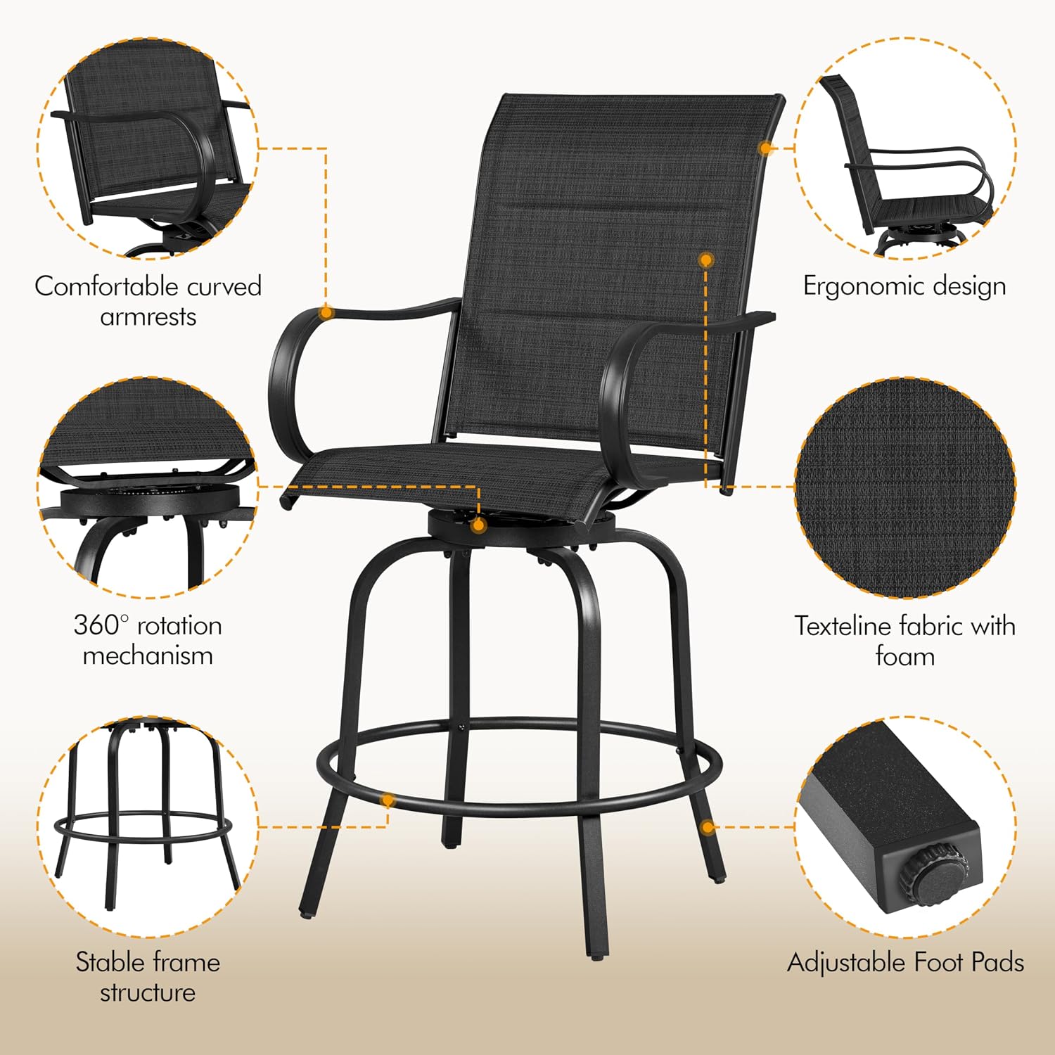Yaheetech 2 Piece Patio Swivel Bar Stools Texteline Bistro Chairs with High Back/Armrest/Footrest, All Weather Padded Seating Outdoor Furniture Height Outdoor Chairs for Outside, Lawn & Garden
