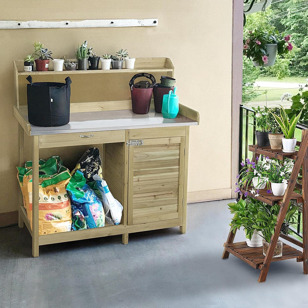 costoffs Potting Bench Wood Garden Potting Table with Cabinet and and Drawers Outdoor Metal Surface Work Bench for Greenhouse with Hooks and Shelf, Light Green