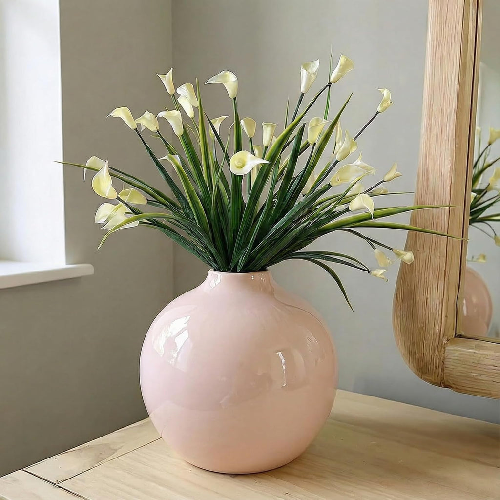 Willowy 7.5 Inch Beige Porcelain Vase with Glossy Finish - Tan/Pink/Beige Vases for Flowers, Vases for Decor, Round Vase for Pampas Grass