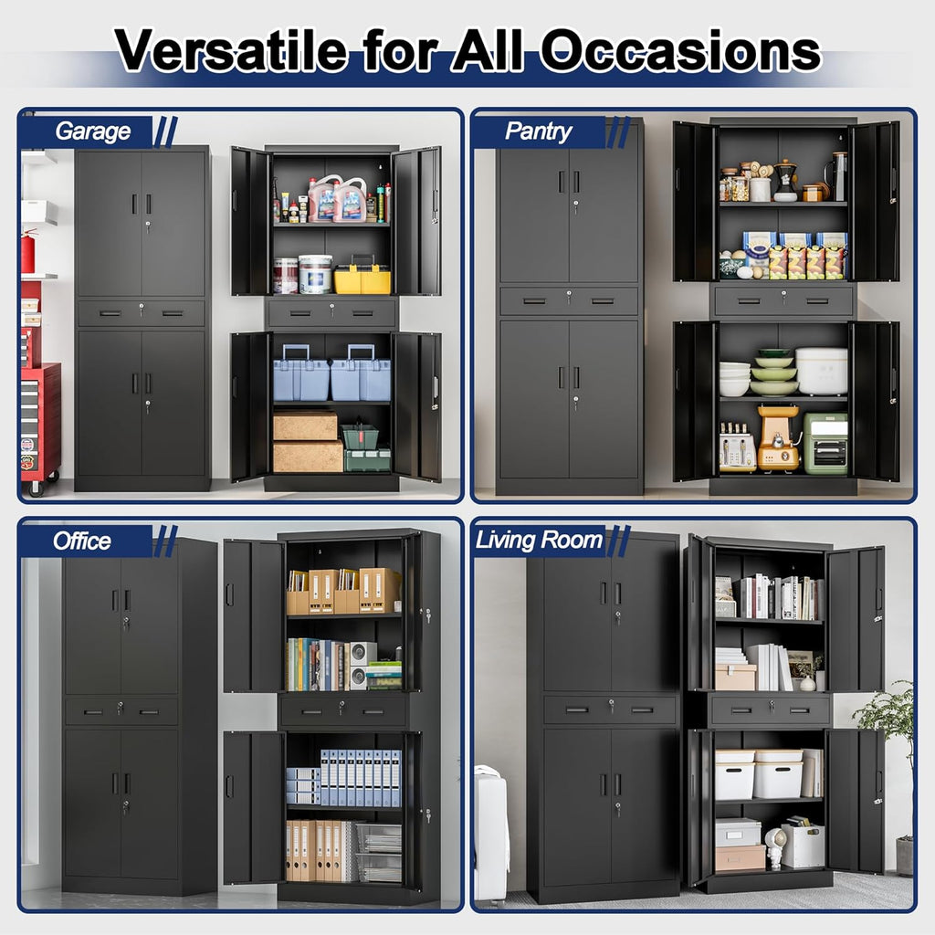 BESFUR Metal Garage Storage Cabinet with a Drawer Locking Doors and 2 Adjustable Shelves, Black Tall Storage Cabinets, Tool File Lockable Cabinet for Garage Office Warehouse Shop(71”H)
