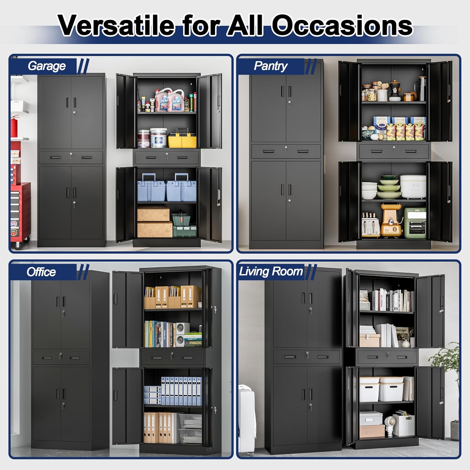 BESFUR Metal Garage Storage Cabinet with a Drawer Locking Doors and 2 Adjustable Shelves, Black Tall Storage Cabinets, Tool File Lockable Cabinet for Garage Office Warehouse Shop(71”H)