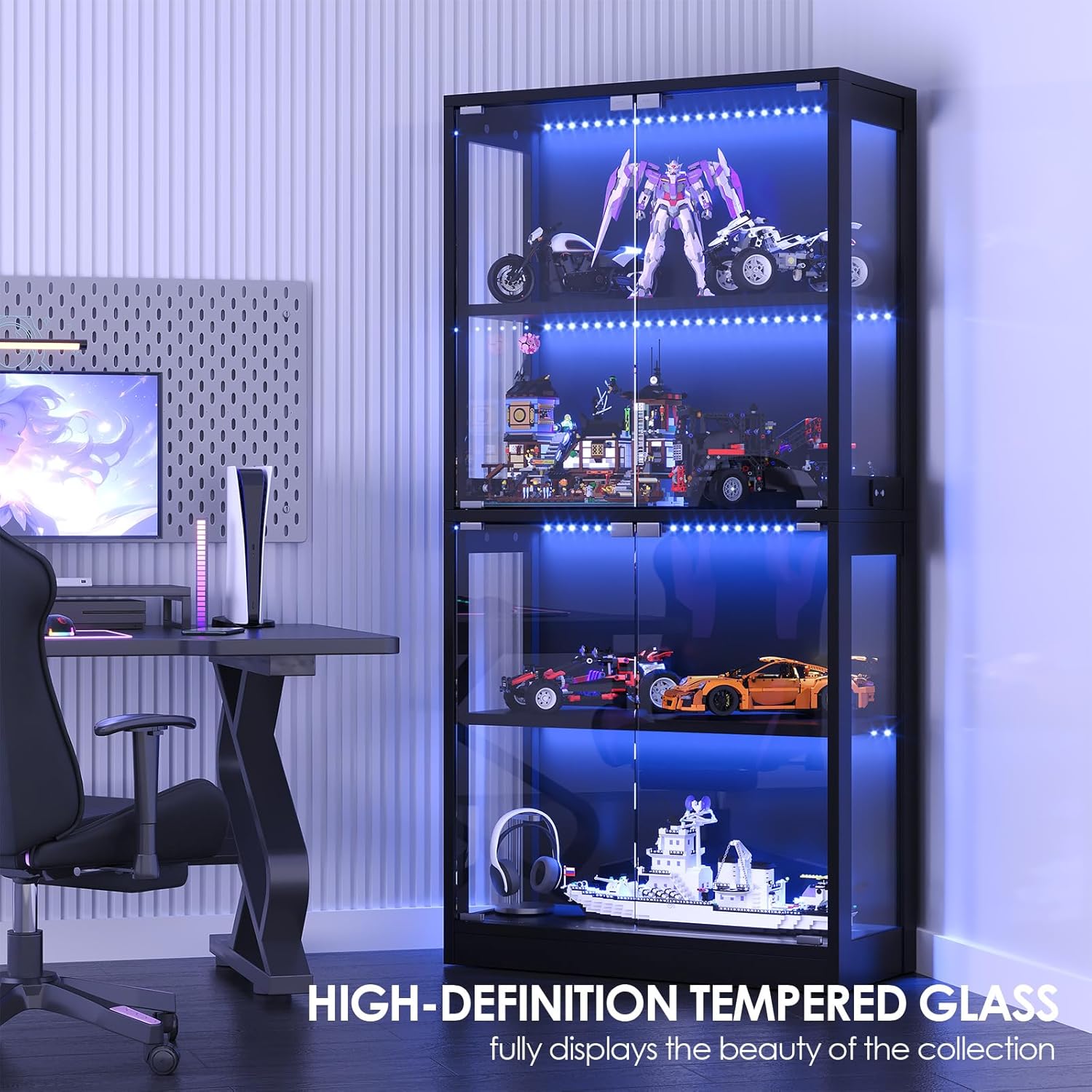 Airynee Display Cabinet with Glass Doors, 4-Tier Curio Cabinet with 7 Vibrant 3 Color Dynamic Lighting Modes, HD Glass Display Case with Human Body Sensor, Bookcase, Storage Cabinets