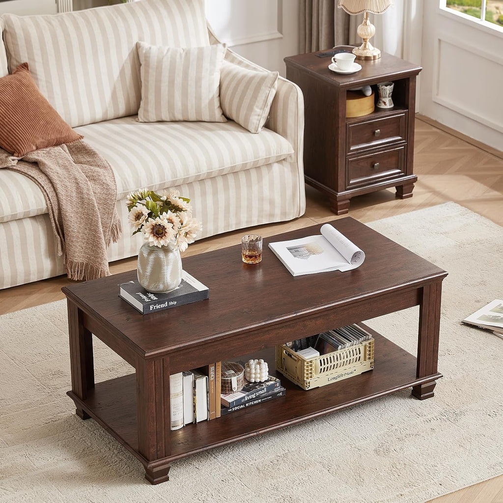 SAVOR LIFE Farmhouse Living Room Table Set,Rustic Wooden Coffee Table Set of 3,Large Coffee/End Side Tables with 2 Drawers for Living Room,Walnut