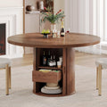 Round Dining Table for 4-6 Seats, 47" Circle Kitchen Table with Storage Drawer, Modern Mid-Century Pedestal Dinner Tables, Fluted Wood Base, Space Saving Dining Room Furniture for Family Party, Walnut