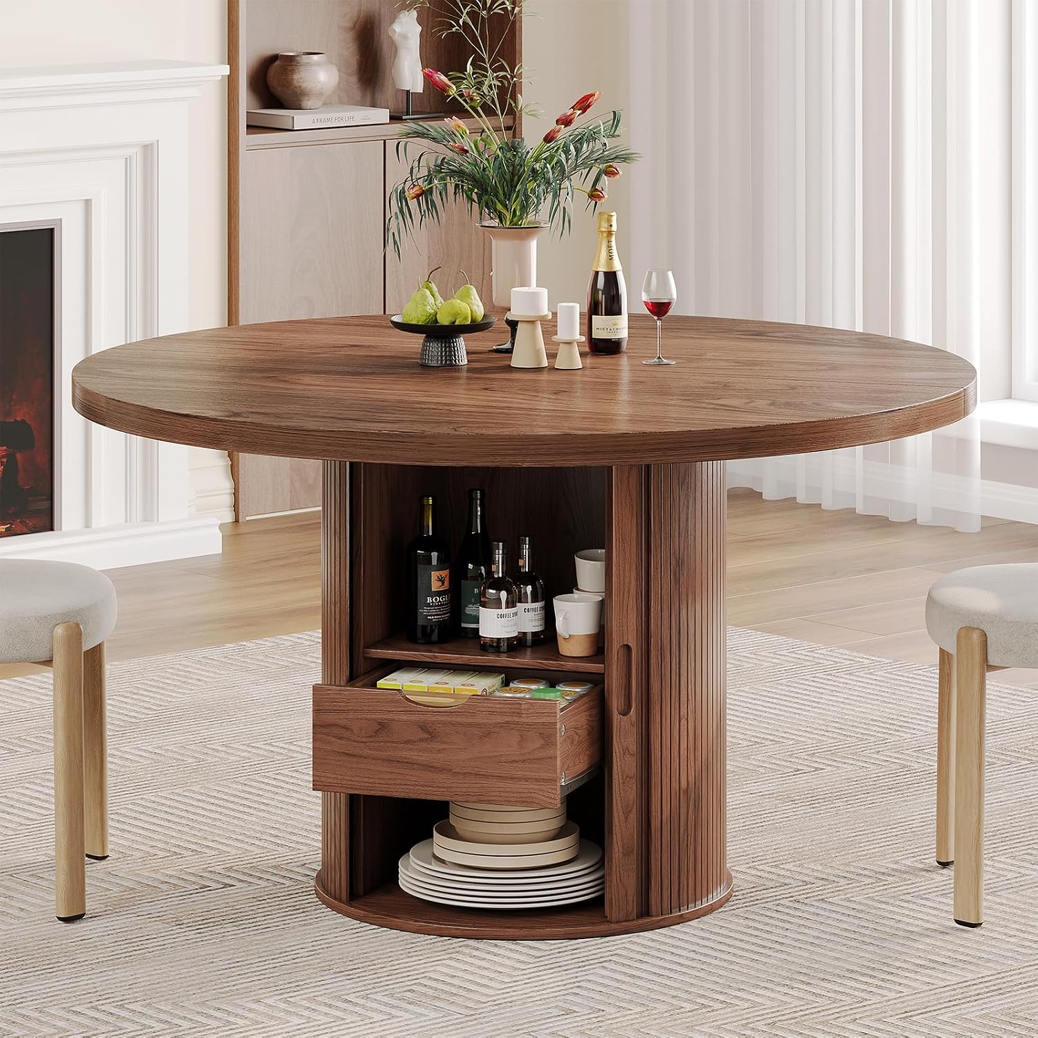 Round Dining Table for 4-6 Seats, 47" Circle Kitchen Table with Storage Drawer, Modern Mid-Century Pedestal Dinner Tables, Fluted Wood Base, Space Saving Dining Room Furniture for Family Party, Walnut