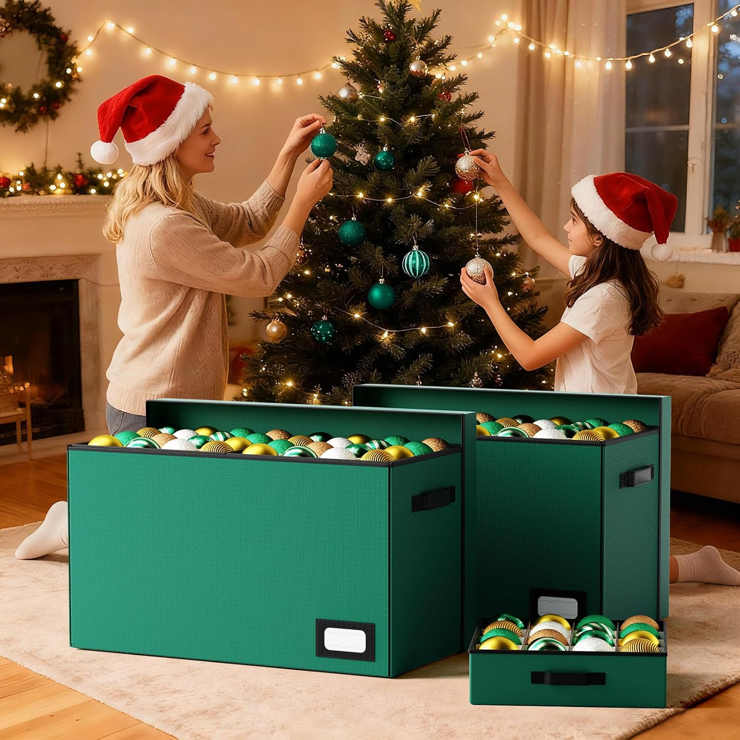 Christmas Ornament Storage Box, Ornament Organizer Storage box with Lids and Adjustable Dividers, Store Up to 128-3" Ornaments, Large Holiday Decor Storage Container with 8 Stackable Trays, Green